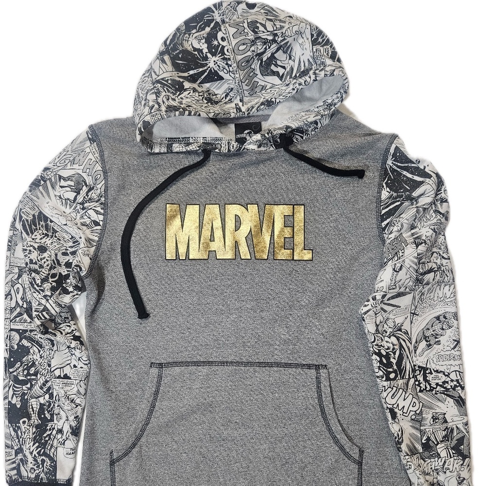 Universal Studios Marvel Hoodie‎ Mens Medium Gray Fleece Comic Sleeve Pullover